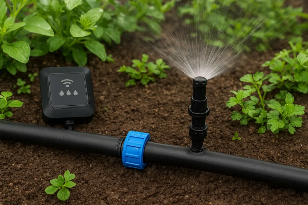 نمای نزدیک از لوله پنج‌لایه در سیستم آبیاری مزرعه